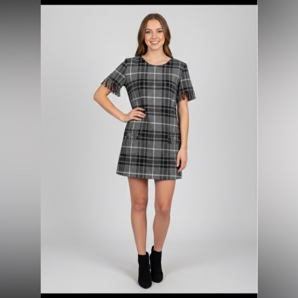 Amanda Uprichard Grey and black plaid raw edge sheath mini dress size medium